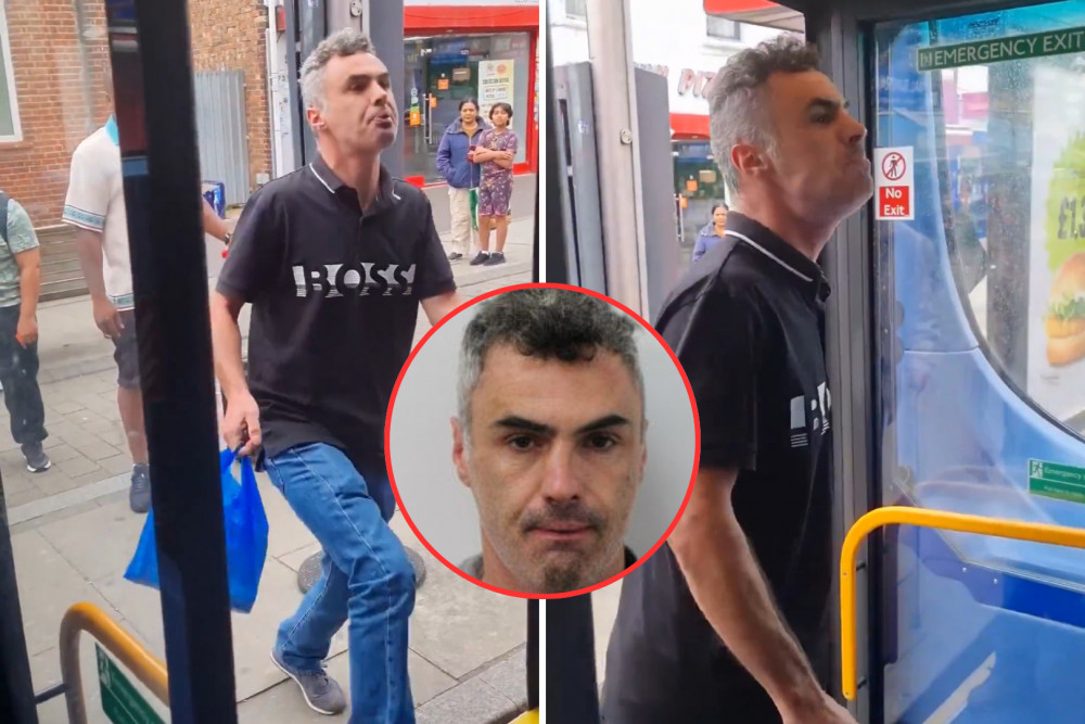 Michael Mongan from Ealing has been convicted after racially abusing and spitting at a bus driver (credit: Met Police & @stoparabhate/X),