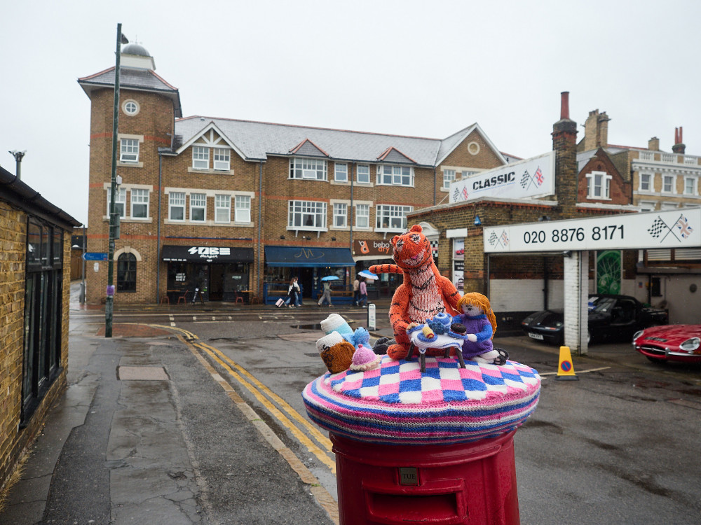 The Tiger Who Came to Tea Post Box Cover by Mortlake Community Association Knitting Group in Mortlake, Barnes (credit: Oliver Monk).