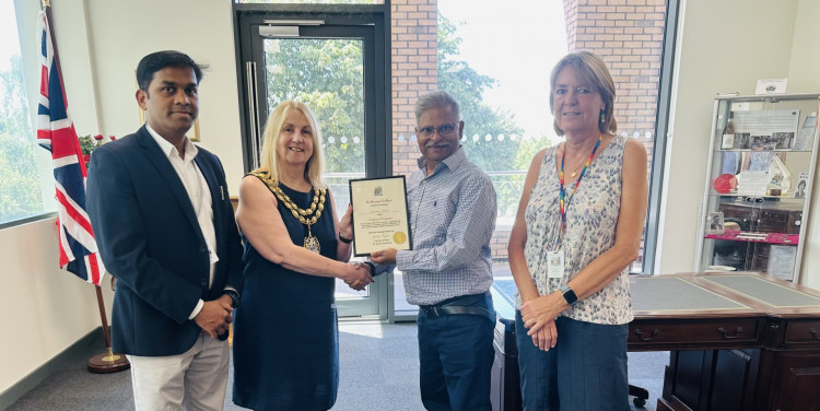 Today's presentation. From left, Cllr Srikanth Panjala, Mayor Cllr Kairen Raper, Mr Jitendrakumar Katechia and Cllr Cathy Sisterson. 