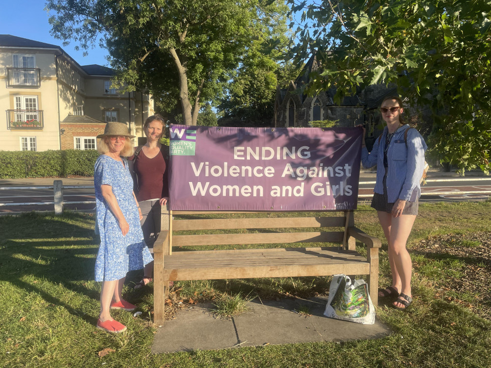 Richmond WEP members beside Amelie Delagrange's bench on Twickenham Green (credit: Richmond Women's Equality Party).