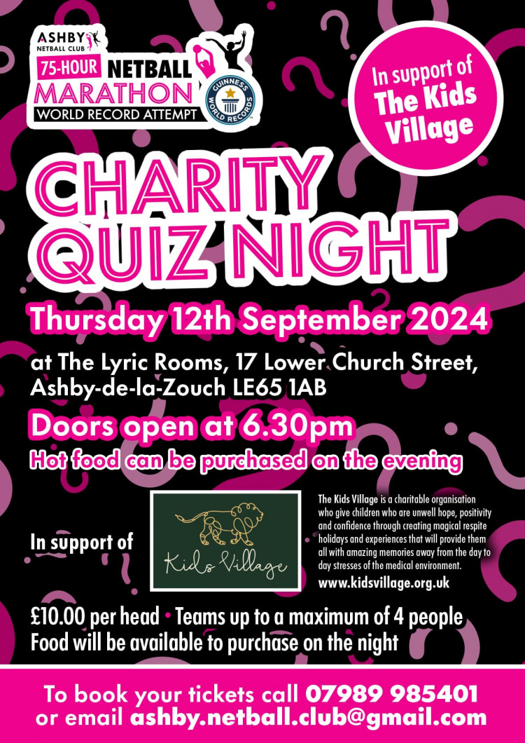 Ashby Netball Club's WORLD RECORD Charity Quiz Night at The Lyric Rooms, Lower Church Street, Ashby de la Zouch