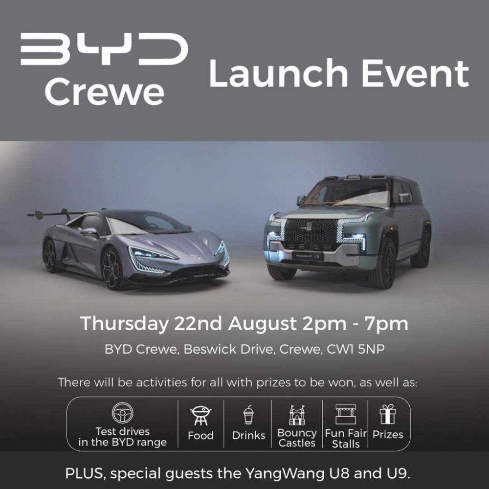 Swansway Motor Group is inviting you to join them from 2pm to 7pm on Thursday 22 August, for the BYD Crewe launch event, filled with family fun, brand new cars, and special guests (BYD Crewe).