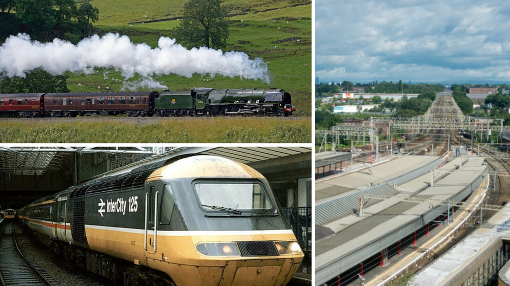 Two historic trains will call at Stockport station on Saturday 24 August within about half an hour of one another - a retro Intercity 125 and a historic steam locomotive (Images clockwise from top left: ARG Flickr Wiki Commons / Stockport Council / Dave Hitchborne Wiki Commons)