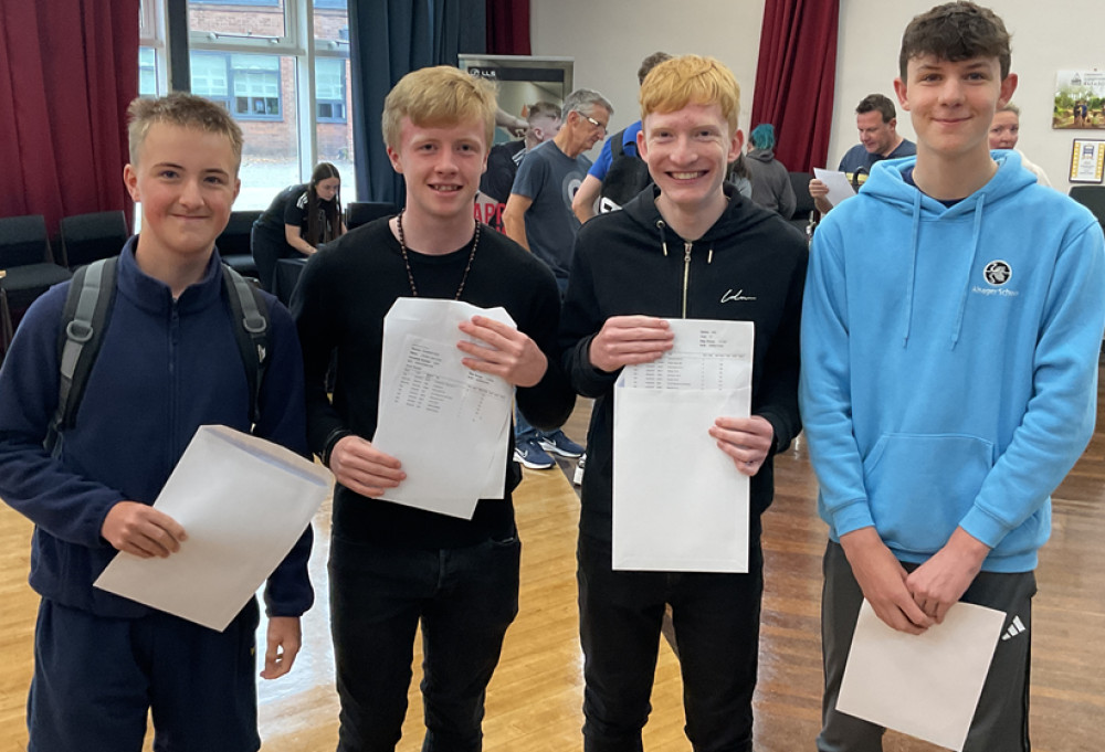 CHUFFED TO BITS: Miles, Charley, Toby and Fergus pictured with their GCSE results. (Image - Alsager School) 