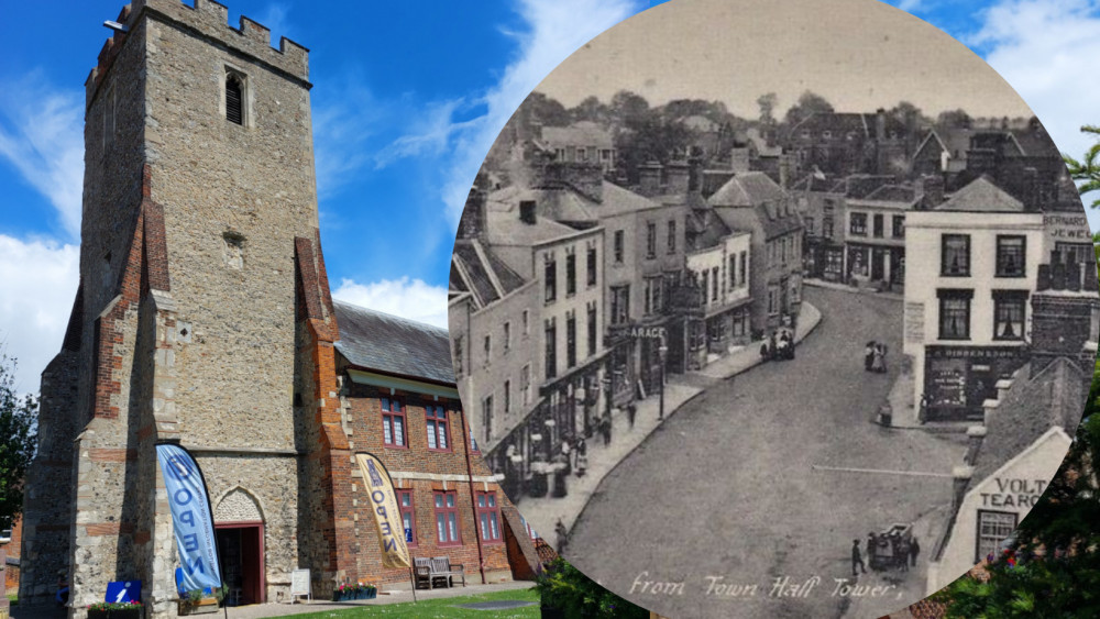 The Maeldune Heritage Centre on Market Hill [left], alongside a historic image [right] of Maldon High Street from Town Hall Tower. (Photo 1: Jill Hipsey) 