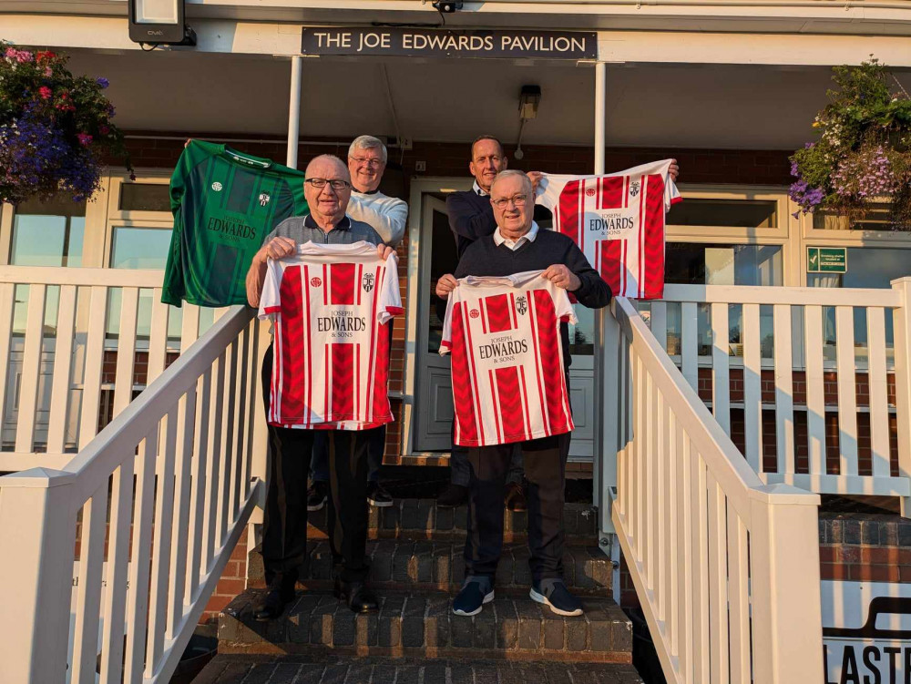 Soccer legends, Terry Conroy (front left) and Jimmy Greenhoff (front right) at the presentation of the new kit by Joseph Edwards & Sons, in front of the Joe Edwards Pavilion at Alsager Cricket Club. (Photo: Nub News)    