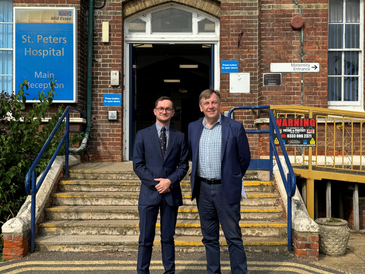 Maldon MP Sir John Whittingdale alongside Chief Executive Tom Abell, by the steps of St Peter's Hospital. (Photo: John Whittingdale) 