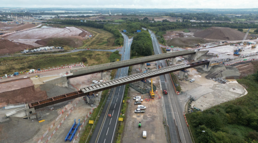 The 1,100 tonne West Link viaduct moved next to the parallel East Link Viaduct (image via HS2)