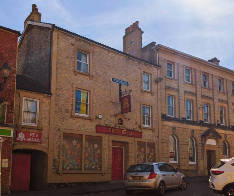 The Bell Inn, now listed as an Asset of Community Value, stands boarded up in Shepton Mallet, with hopes of restoration and revival led by the local community. (LL)