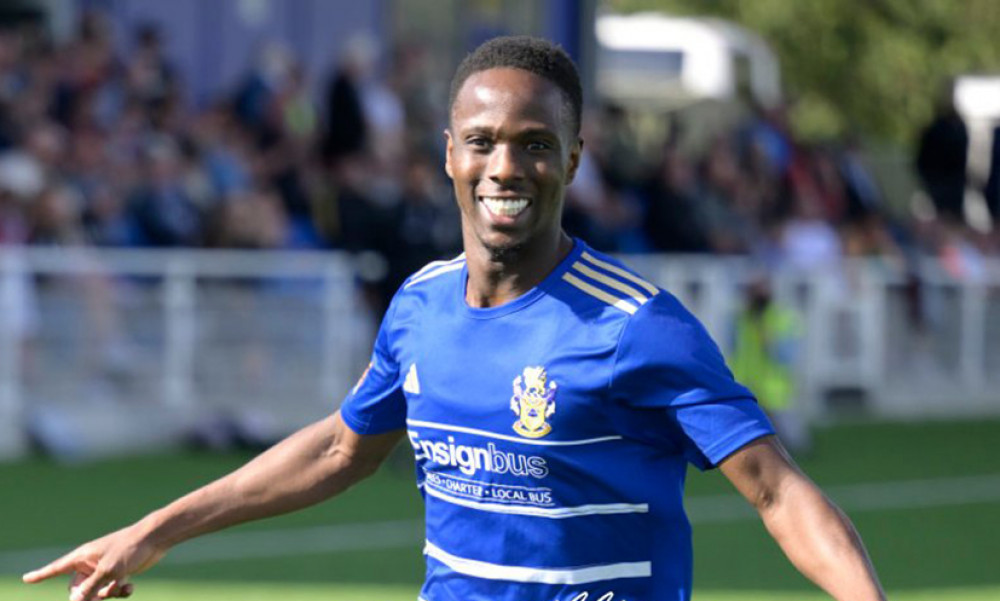 Manny Ogunrinde celebrates after scoring. Picture by Granty Williams. 