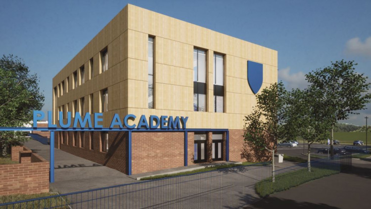 The proposed science block for Plume Academy’s Mill Road Campus. (Photo: Essex County Council/ BBC, 2024)