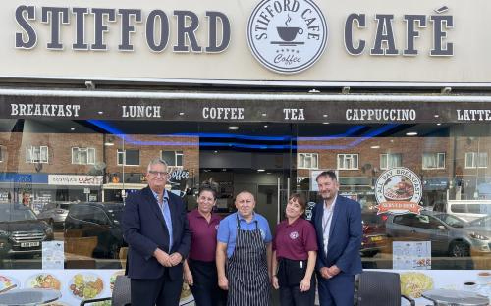 Cllr Mark Hooper, left, and Ian Wake (right) with the tean at Stifford cafe.