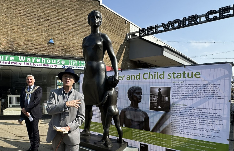 Dr Ceri Thomas, son of the statue’s sculptor Robert Thomas, and North West Leicestershire District Council chairman, Cllr Kenny Horn, at Saturday's unveiling. Photos: Coalville Nub News