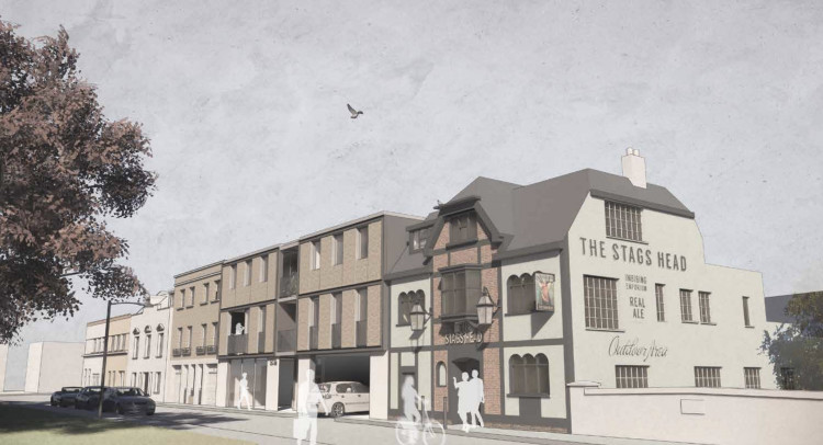 An artist impression of the proposed development in Priests Bridge, East Sheen to the left of The Stag Head (credit: Planning application).