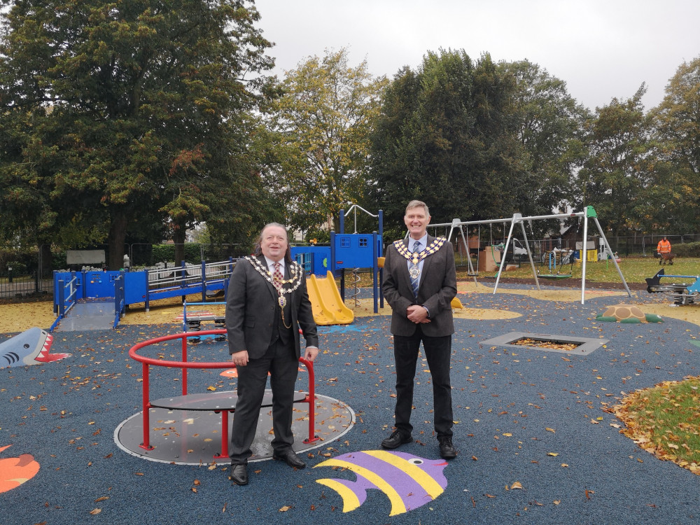 Mayor of Maldon, Cllr Andrew Lay, and Maldon District Council Chairman, Cllr Kevin Lagan, test out the playground. (Credit: Maldon District Council)  