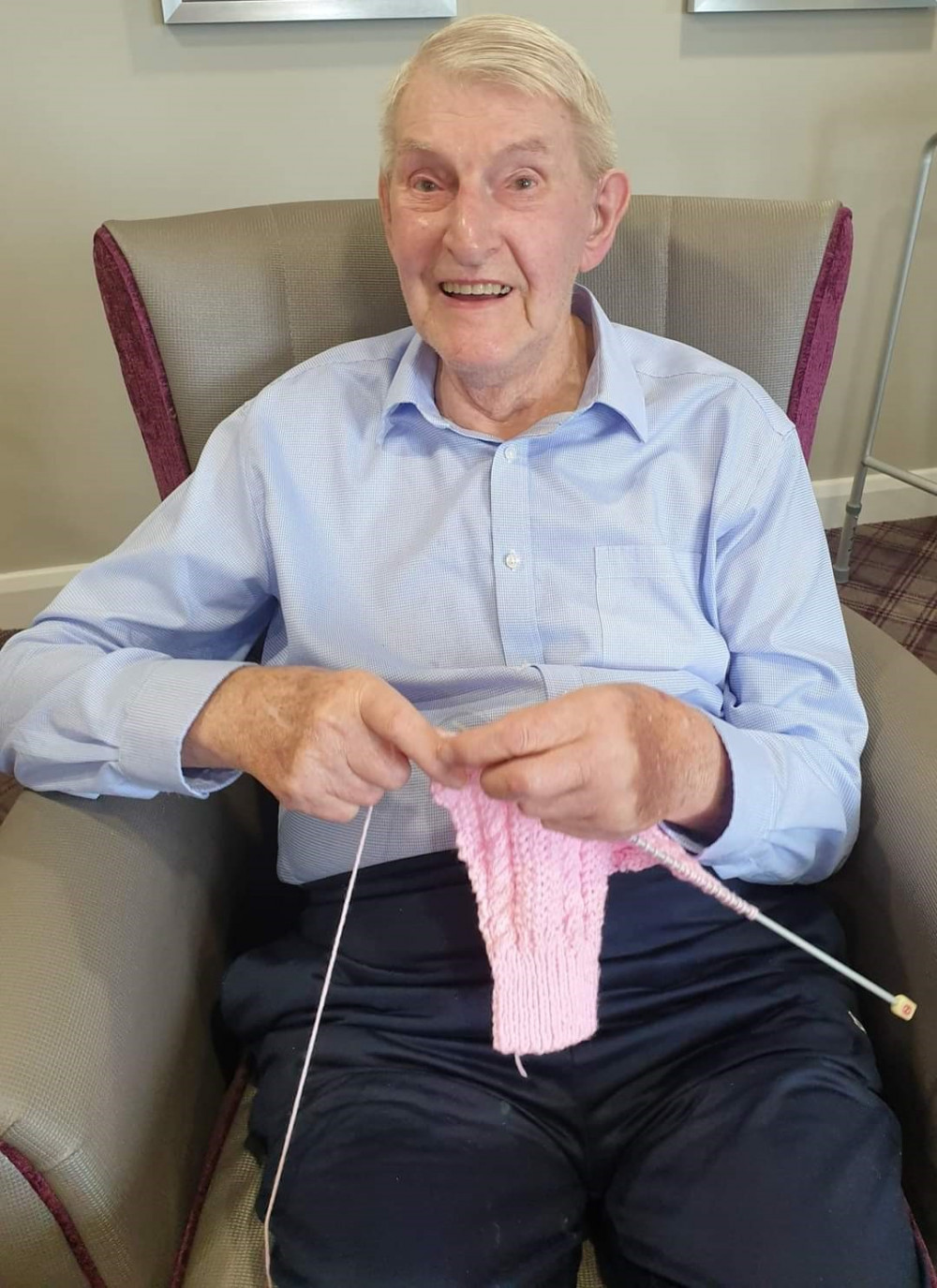 Ninety-two-year-old Harold Jinks from Sandbach has dedicated over 20 years to knitting for local charities.  (Photo: HC-One/Ideal Care Homes) 