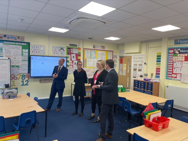 Malcom Taylor, Mrs Nye, Cllr Vikki Hartstean and Mr Latham discuss some of the classroom features.