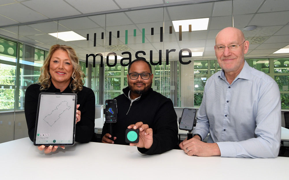 From left: Jane Talbot, Mo Hussain, and Alan Rock with new Moasure 2 products at its premises at the Warwick Innovation Centre (image via PLMR Advent)