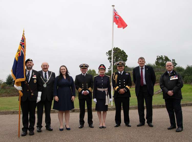 Left to right: Royal British Legion standard bearer Adam Lowe, Cllr. Jeff Dale, Alicia Kearns MP, Captain Bob Strick, Lord Lieutenant of Rutland Dr Sarah Furness, Commodore Robert Bellfield, Cllr. Oliver Hemsley, Cllr. Ian Razzell