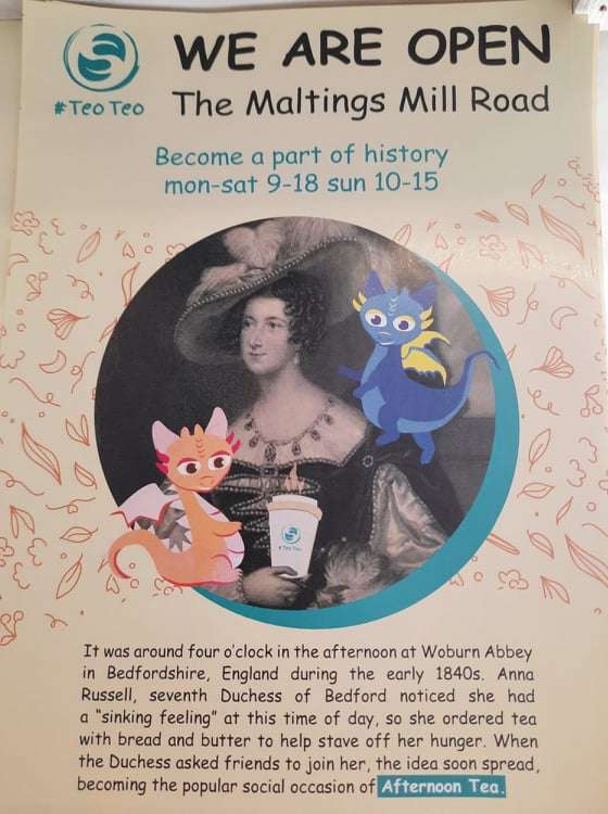 Teo Teo's poster, detailing the history of tea and the inspiration behind the shop
