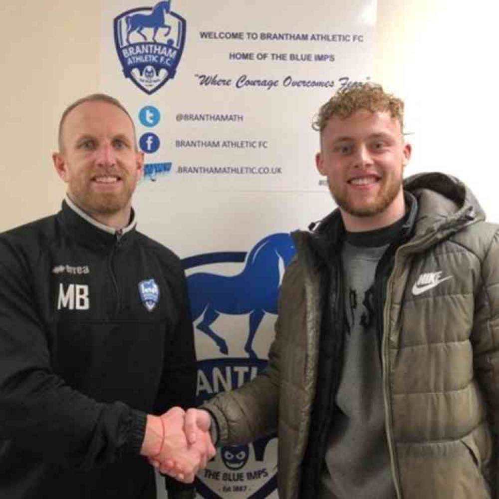 Brantham manager Michael Brothers welcomes Toby Egan                          (pic Brantham Athletic FC)