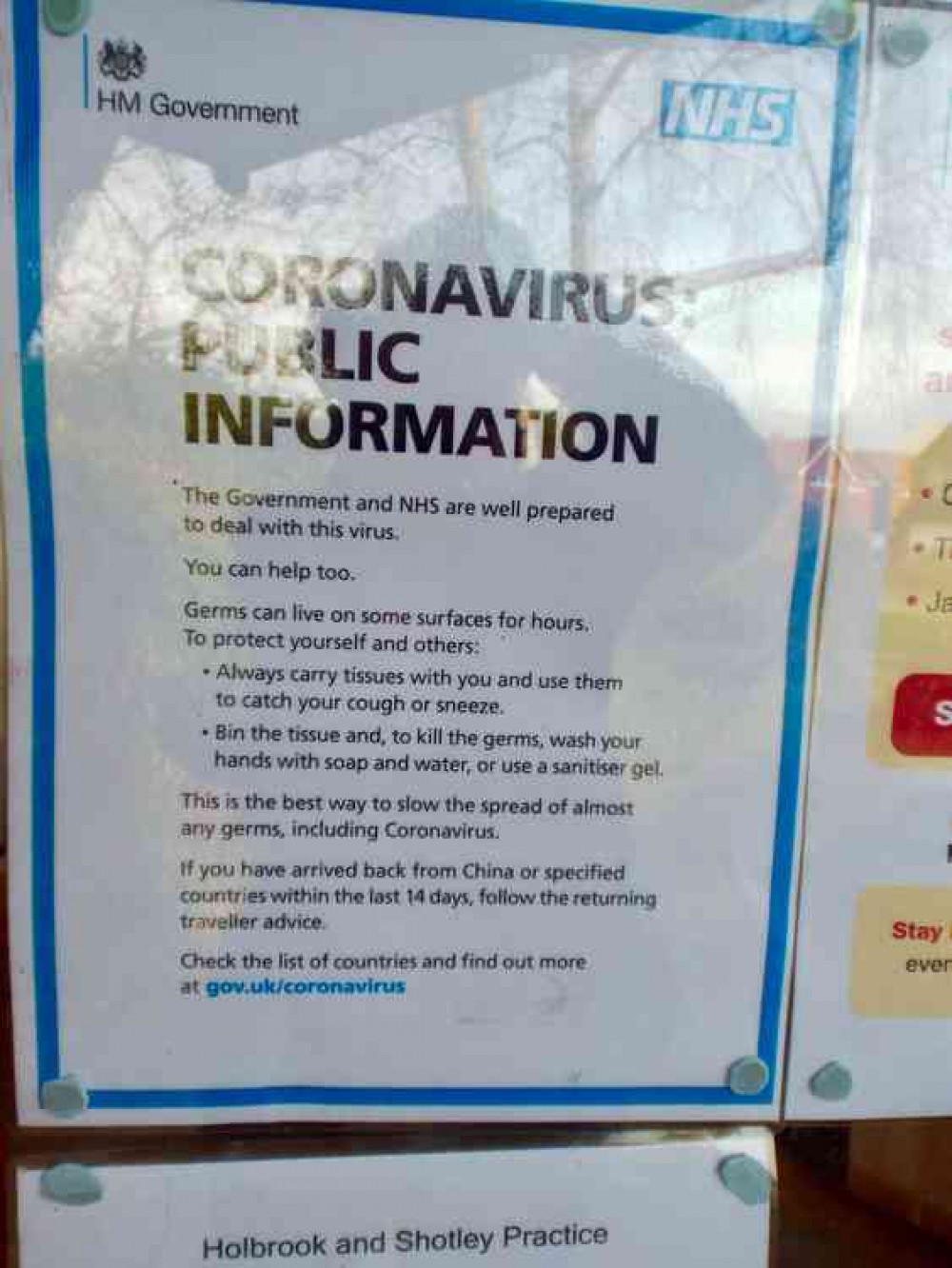 Coronavirus notice on window at Shotley surgery