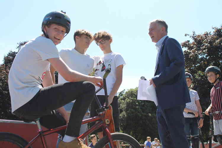 Cllr Derek Davis opening a skate park funded by grants