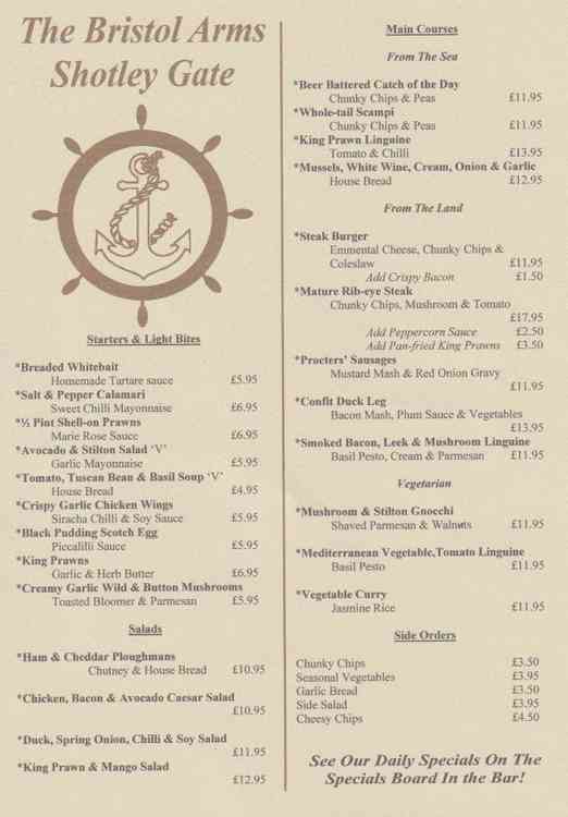 Bristol Arms menu front