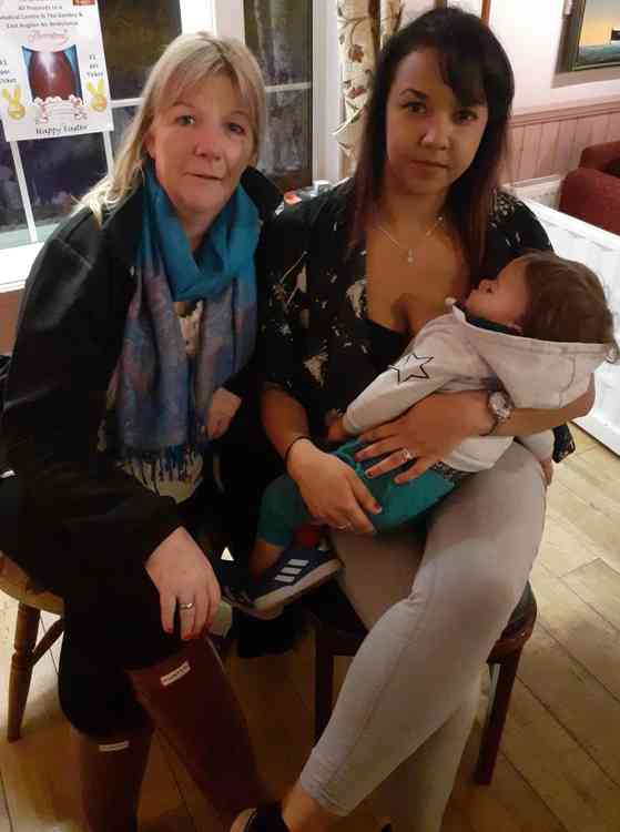 Rachel Double, Lauren Watts and 17-month-old Otis after a nightmare 26 hour wait at an airport