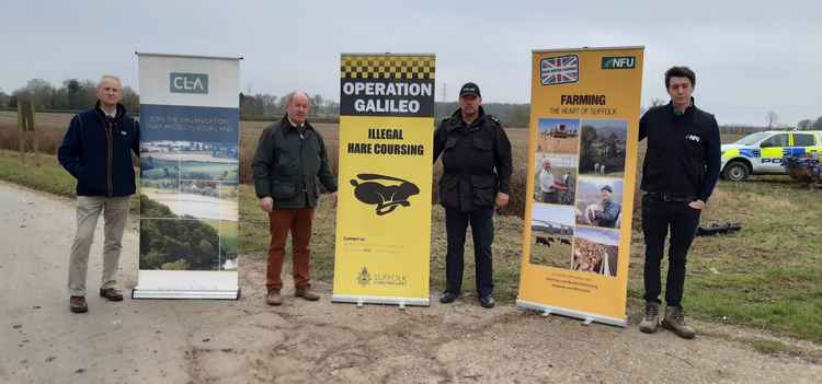 Tim Woodward Regional Surveyor from the Country Land and Business Association (CLA), PCC Tim Passmore, Sgt Brian Calver from Suffolk Constabulary's Rural & Wildlife Crime Team and Charles Hesketh,  Suffolk Country Adviser from the National Farmers Union
