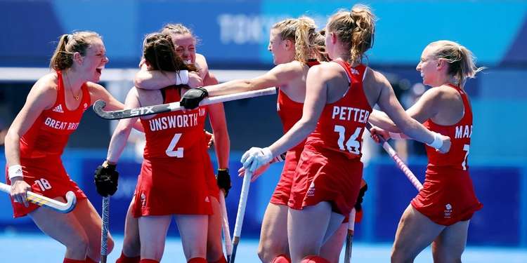 Hannah Martin (far right) celebrates Grace Balsdon scored the decisive goal as GB's women clinched bronze (Picture credit: GB Hockey - World Sport Pics)