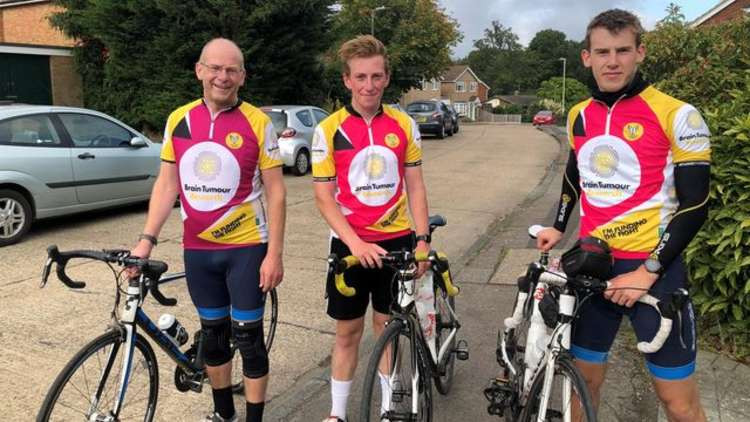 James Hollingsworth, Charlie Bathe and Ollie Hollingsworth will cycle 100 miles from Shotley to Brancaster Beach for charity (Picture credit: Brain Tumour Research)