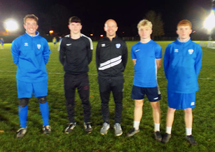 Brantham coach Dan Hart (centre) with, from left to right: Alfie Eldridge, Cian Aldridge,  Noah Harewood, Jamie Scrivener.