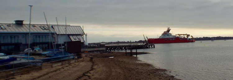 Sir David Attenborough going past Shotley's Admiralty Pier on her maiden voyage to Antartica (Picture credit; Nub News)