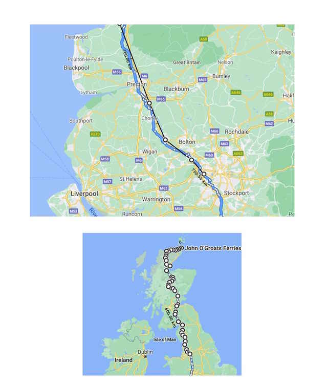 Sporting are now halfway through their challenge, and have already reached Manchester on their virtual map (Images via google maps)