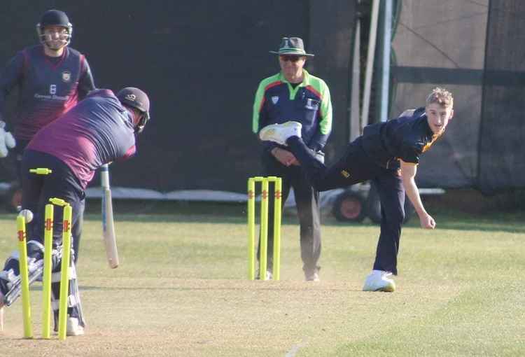 Tommy Rex bowling Bridgnorth's Matty Simmonds (Image by Steve Johnson)