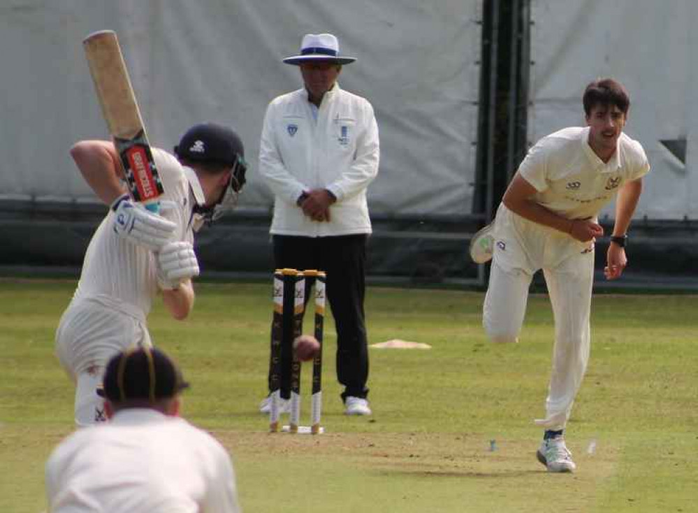 George Scrimshaw bowling against Oswestry (Image by Steve Johnson)