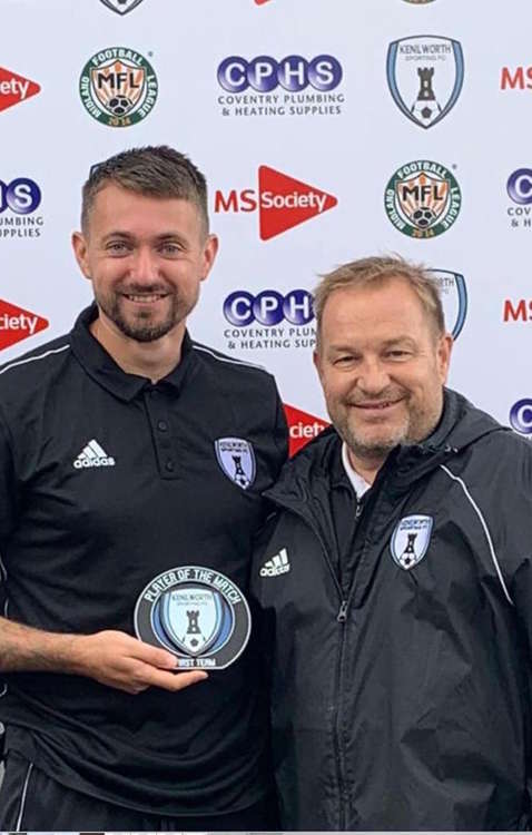 Kenilworth's Player of the Match George Woodward is presented with the trophy by club secretary Mark Eyden