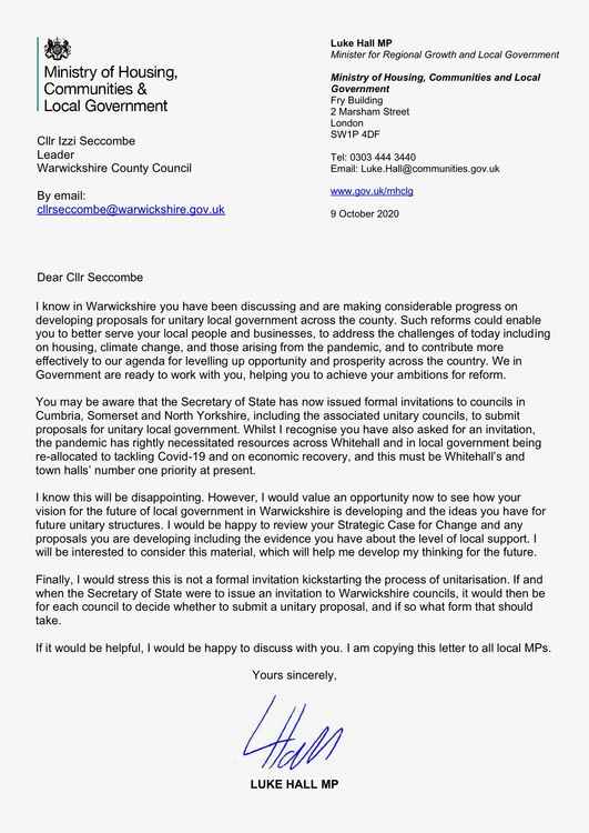 MP Luke Hall wrote to the county council leader at the end of last week