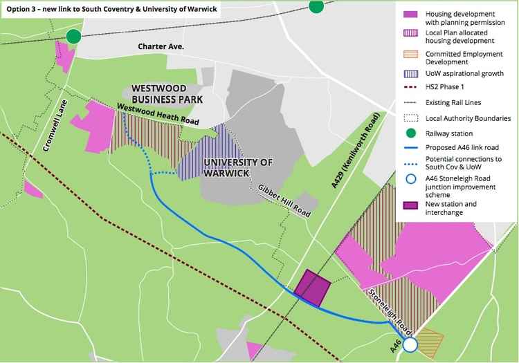 Option three would see a new link road being created from the junction to Warwick University (Image via WCC)