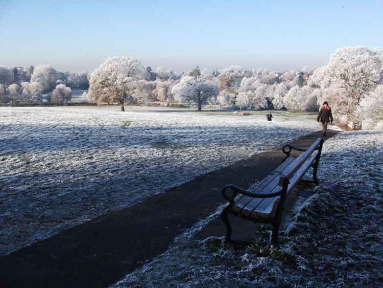 'Bench in frost covered Abbey Fields' by John Brightley