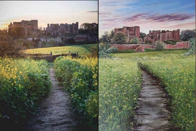 The original photograph of Kenilworth Castle alongside 'Kenilworth Castle in Bloom' by Louise Hutton