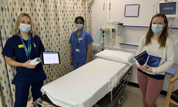 L-R: Serafina and Shaheen, who are part of the team who implanted the first patients with the LINQ II device, with Emma Spencer, patient and Trust Medical Student.