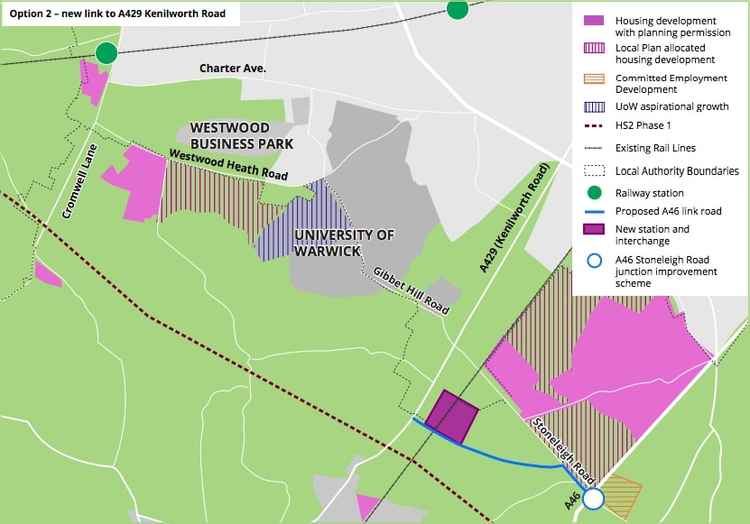 Option Two: New link road to A429 Kenilworth Road(image via WCC)