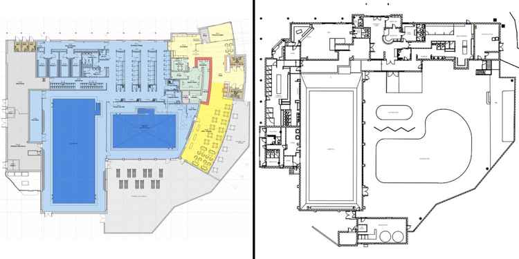 Floor plans of the current (right) and proposed Abbey Fields Leisure Centres (Via planning application)