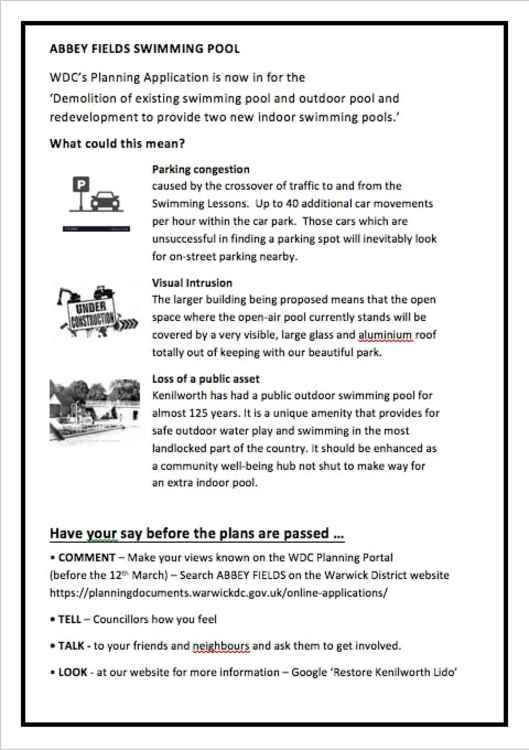 A flyer circulated by the Kenilworth Lido Campaign Group