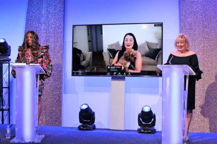 Nicola Smyth receives her award remotely during Friday evening's ceremony. Also pictured are hosts Sandra Godley and Karen Jones.