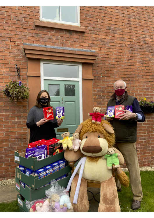 Peter Hall and Rachel Ollerenshaw with Olly The Brave and Easter eggs