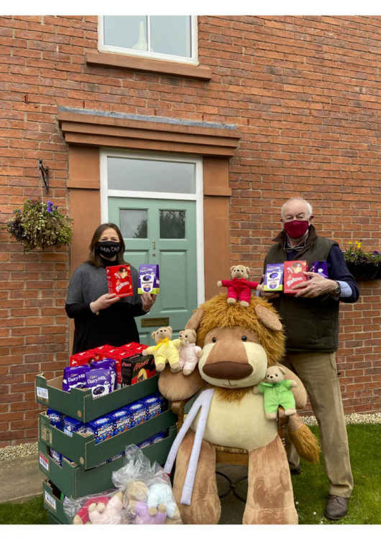 Peter Hall and Rachel Ollerenshaw with Olly The Brave and Easter eggs