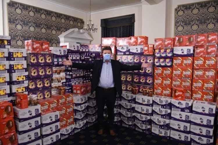 Warwickshire Freemasons Provincial Grand Master Philip Hall with some of the 3,500 Easter Eggs they collected